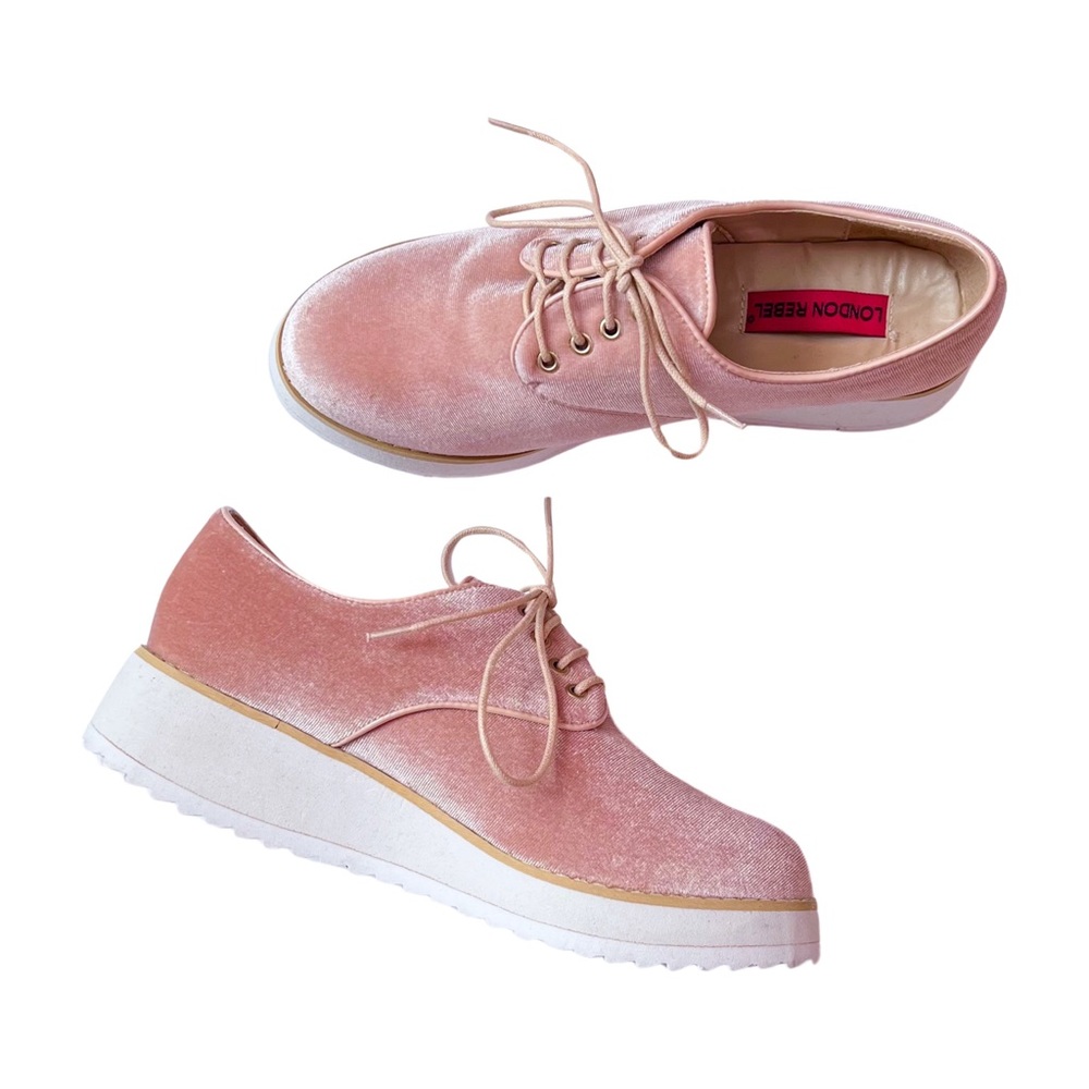 NWOT 🫖 LONDON REBEL velvet platform / flatform oxfords in dusty pink. SIZE 6 - Picture 4 of 8